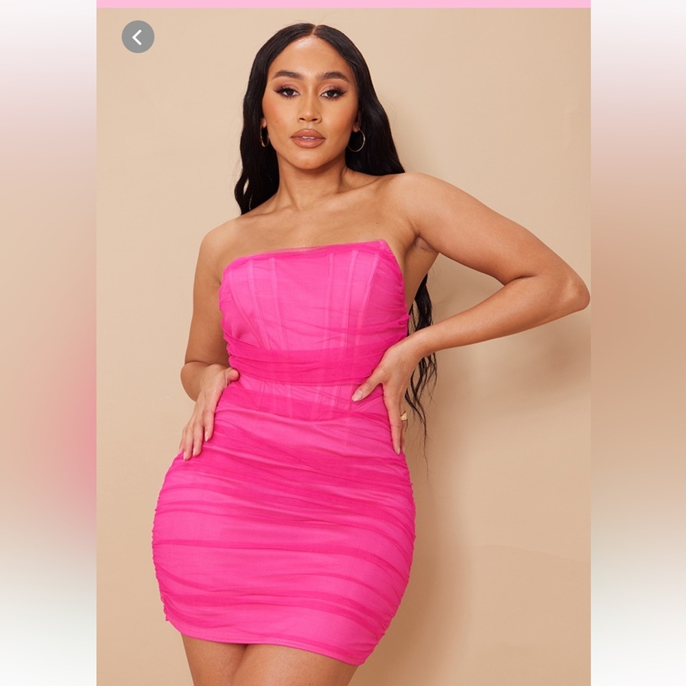 PLT Shape Hot Pink Mesh Corset Detail Ruched Bodycon